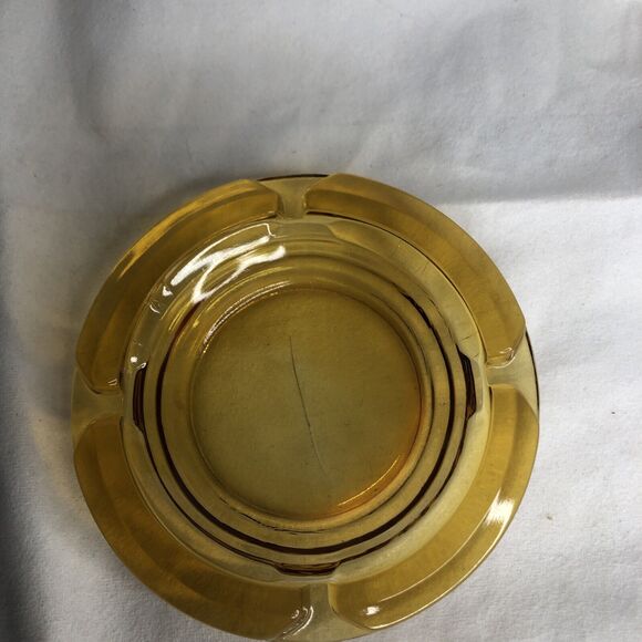 Vintage Amber Ashtray 4.5" Round Sun Yellow Heavy Thick Cut Glass - Picture 8 of 12